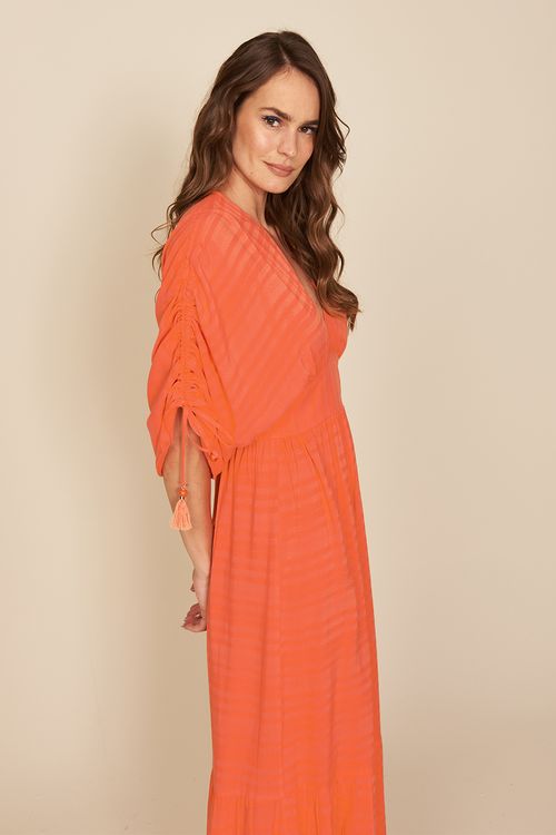 VESTIDO LONGO FRANZIDO MANGAS-CORAL