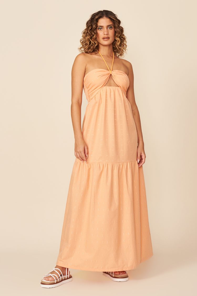 VESTIDO LONGO MAQUINETADO-SALMAO PP - SALMAO - 188318