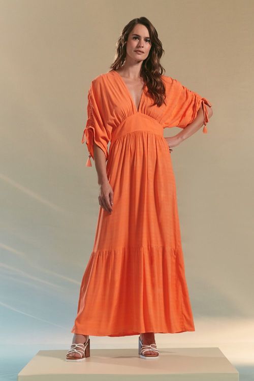 VESTIDO LONGO FRANZIDO MANGAS-CORAL