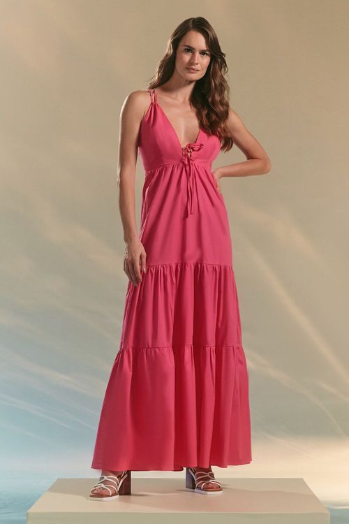 VESTIDO LONGO TRICOLINE DETALHES-HOT PINK