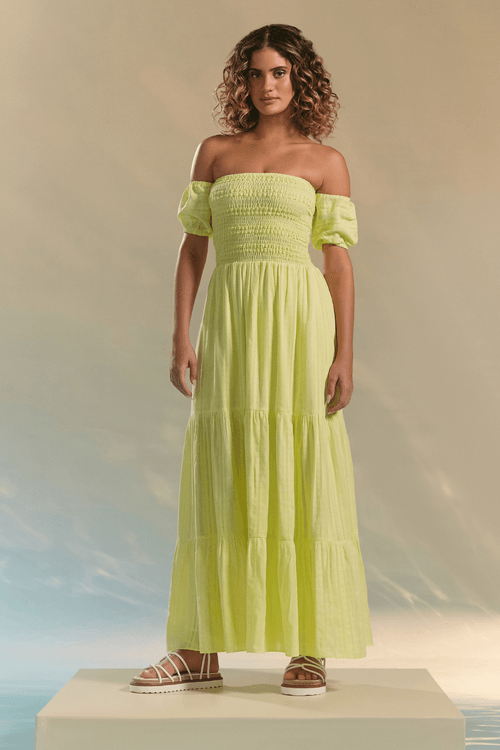 VESTIDO LONGO OMBRO A OMBRO LASTEX-AMARELO NEON