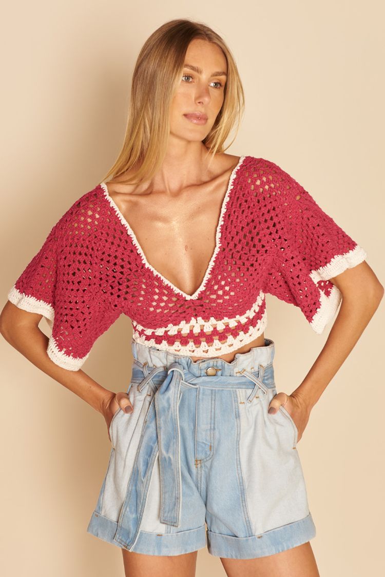 BLUSA CROCHÊ DECOTE V -HOT PINK / OSTRA P - HOT PINK / OSTRA - 194100