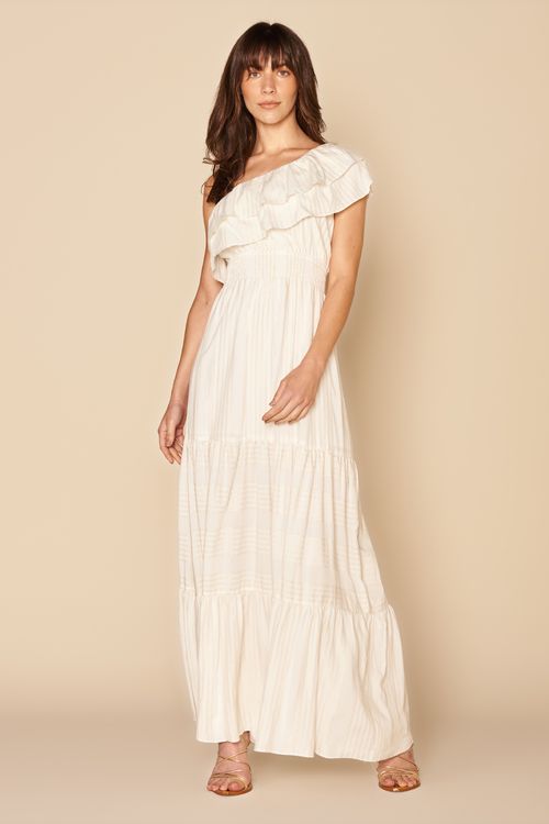 VESTIDO UM OMBRO BABADOS LUREX-BRANCO