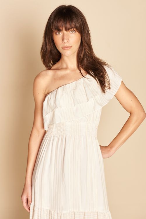 VESTIDO UM OMBRO BABADOS LUREX-BRANCO