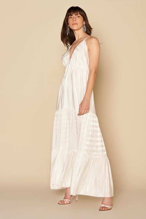 VESTIDO LONGO JACQUARD LISTRAS-BRANCO