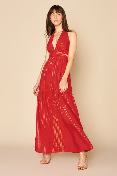 VESTIDO LONGO FRENTE UNICA LUREX-VERMELHO