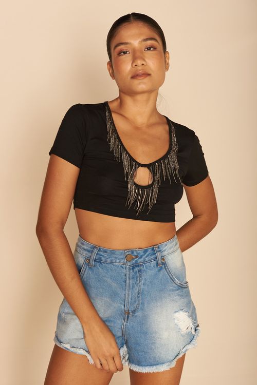 CROPPED DECOTE GOTA BORDADO -PRETO