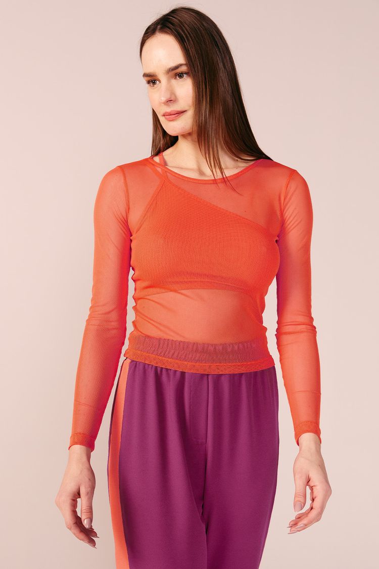 CONJUNTO BLUSA TULE + TOP -TERRACOTA PP - TERRACOTA - 199669