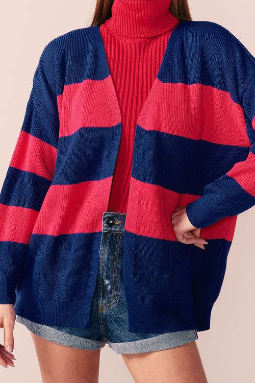 CARDIGAN TRICOT LISTRAS -MARINHO / CHERRY