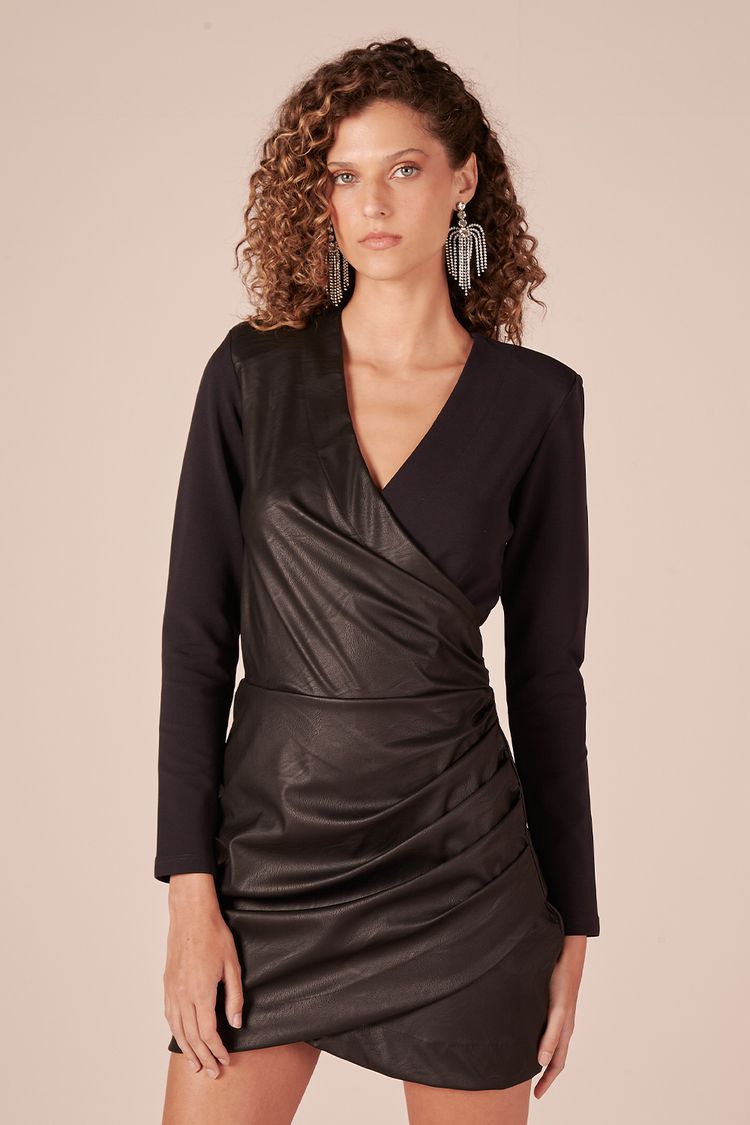 VESTIDO COURO TRANSPASSE-PRETO PP - PRETO - 201286