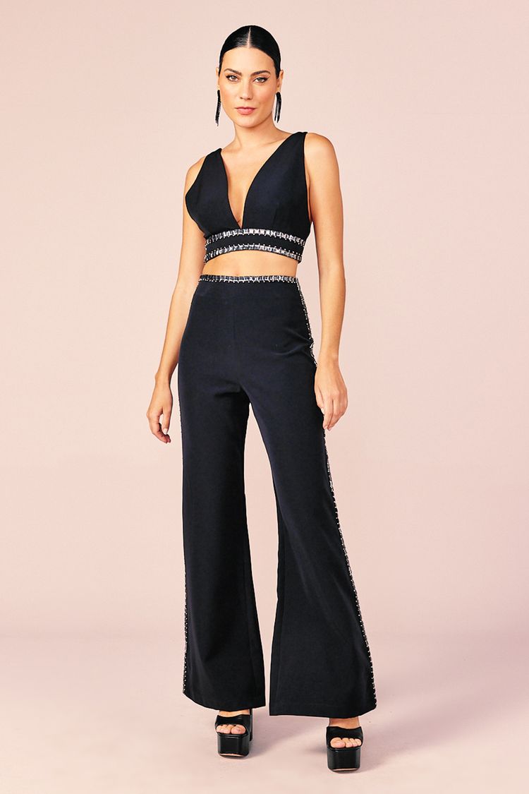 CALÇA RETA BORDADA - PRETO M - PRETO - 210777