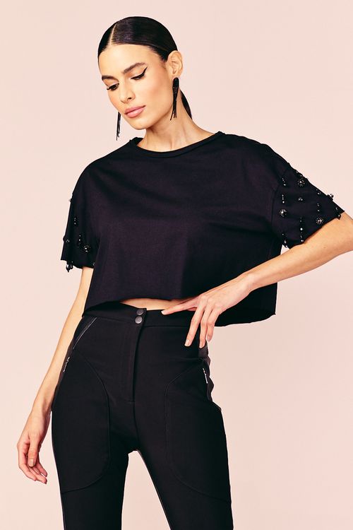 CROPPED MALHA BORDADDA -
PRETO