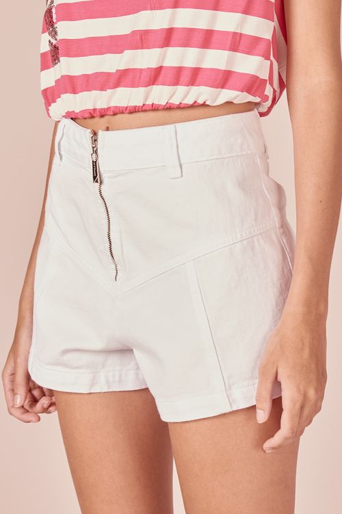 SHORT SARJA RECORTES ZIPER - BRANCO