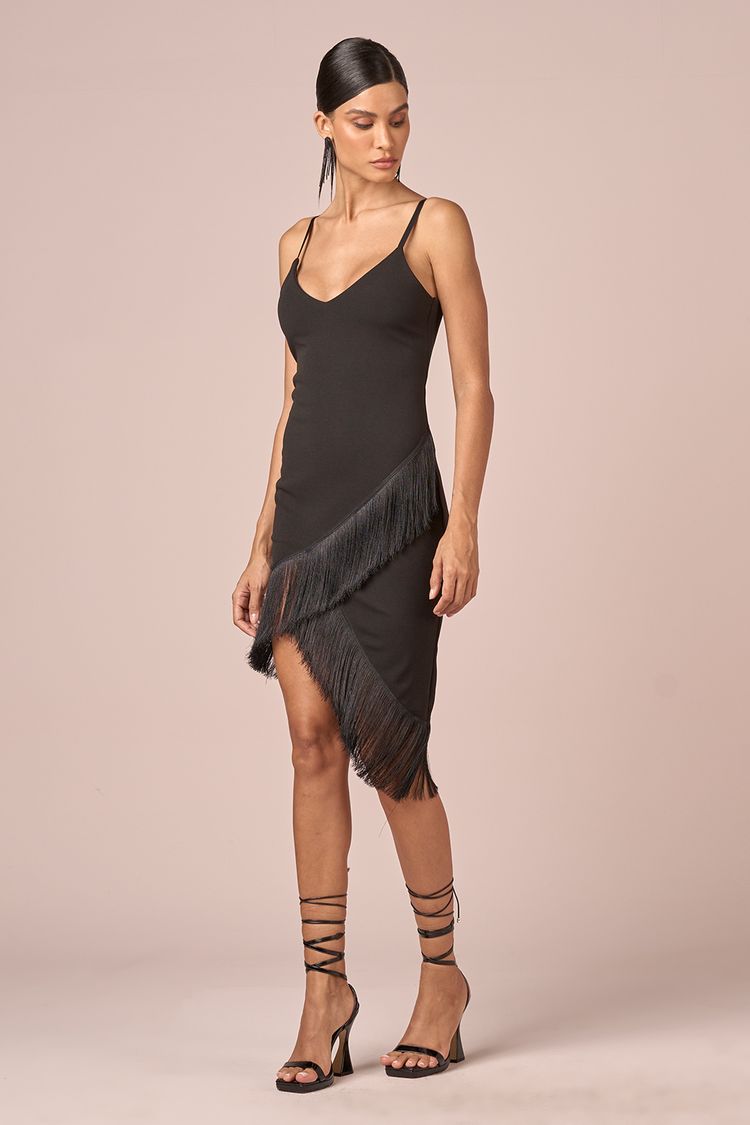 VESTIDO JUSTO FRANJAS-PRETO P - PRETO - 230490