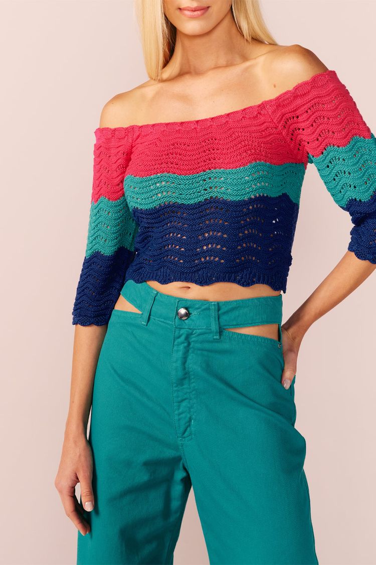 BLUSA OMBRO A OMBRO C/ MG TRICOT -LISTRADO P - LISTRADO - 230808