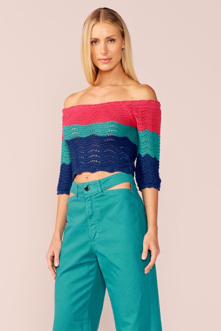 BLUSA OMBRO A OMBRO C/ MG TRICOT -LISTRADO P - LISTRADO - 230812