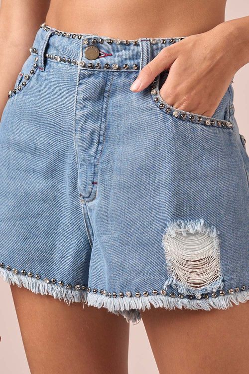 SHORT JEANS BARRA A FIO BORDADO -JEANS