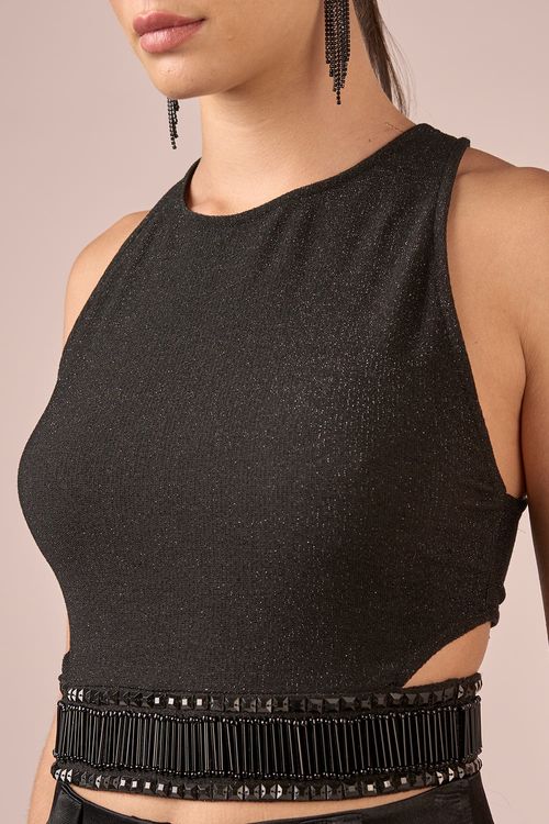 CROPPED MALHA BORDADO -PRETO