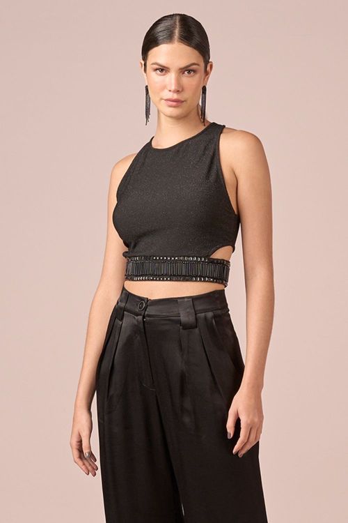 CROPPED MALHA BORDADO -PRETO