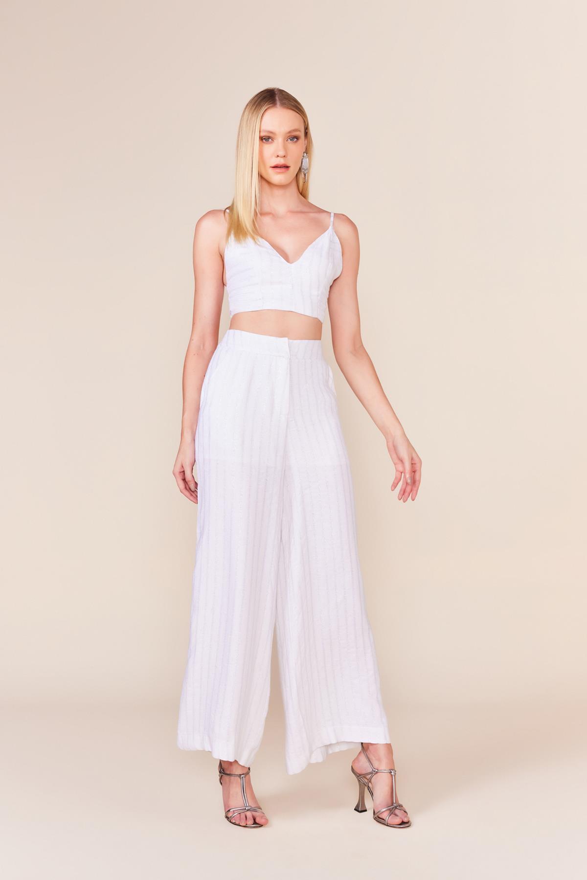 PANTALONA LINHO LISTRAS LUREX - BRANCO PP - BRANCO - 240176