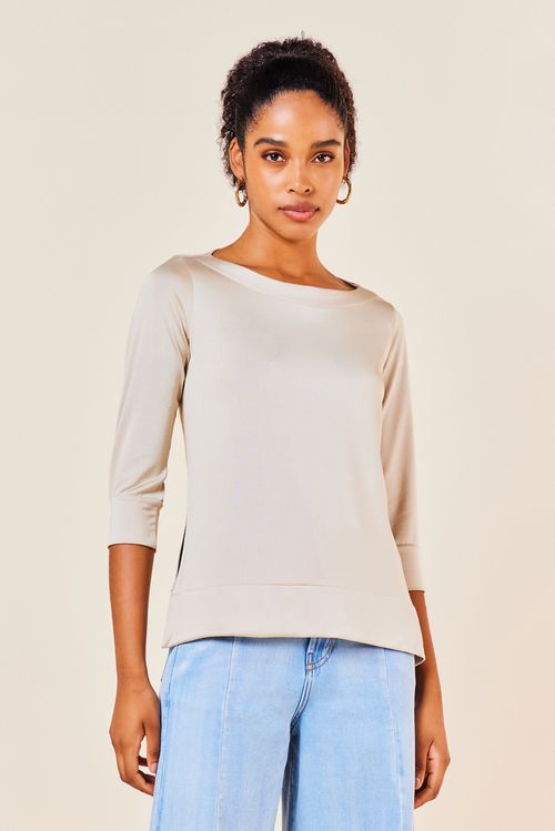 BLUSA DECOTE CANOA  AMPLA COM MANGA 3/4 -PEROLA