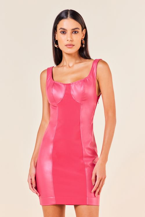 VESTIDO CURTO MIX COM COURO -MAGENTA