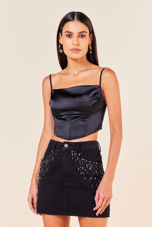 TOP CROPPED ACETINADO -PRETO