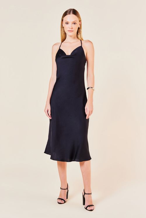 VESTIDO LONGO DE CETIM DEGAGE -PRETO