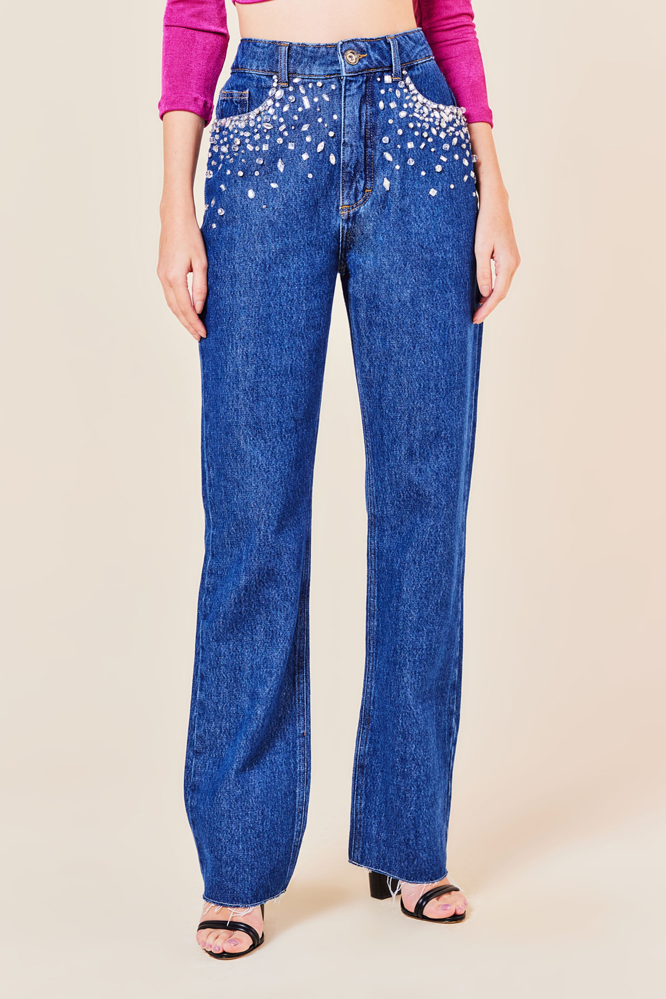 CALCA JEANS RETA BASICA COM BORDADO -JEANS ESCURO 40 - JEANS ESCURO - 245680
