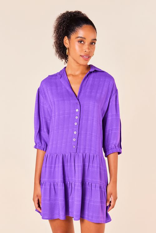 Vestido Curto Camisa com Dois Babados e Manga 3/4 -ULTRA VIOLETA