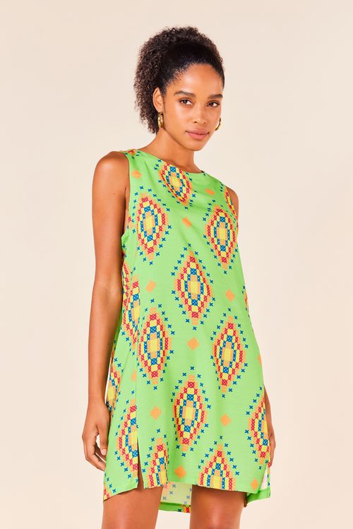 VESTIDO CARIBE ESTAMPA PONTO CRUZ JADE