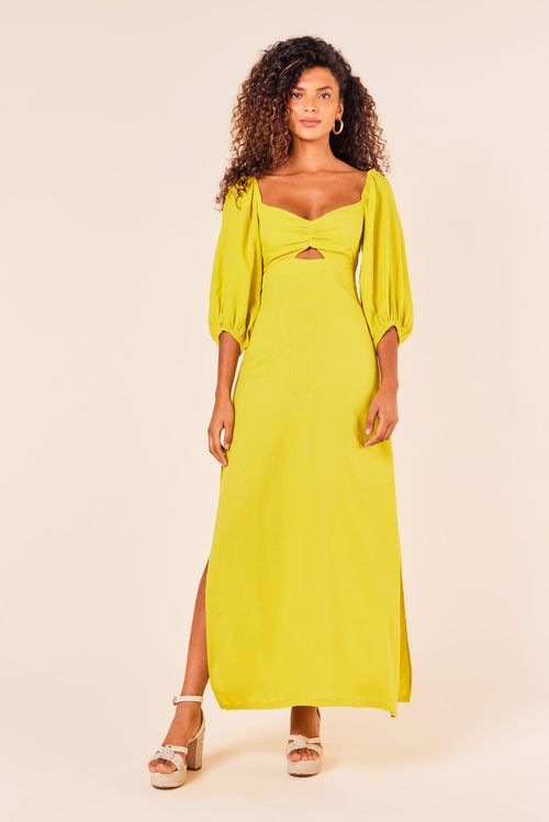 VESTIDO LINHO MIDI DECOTE CORACAO -GOLD