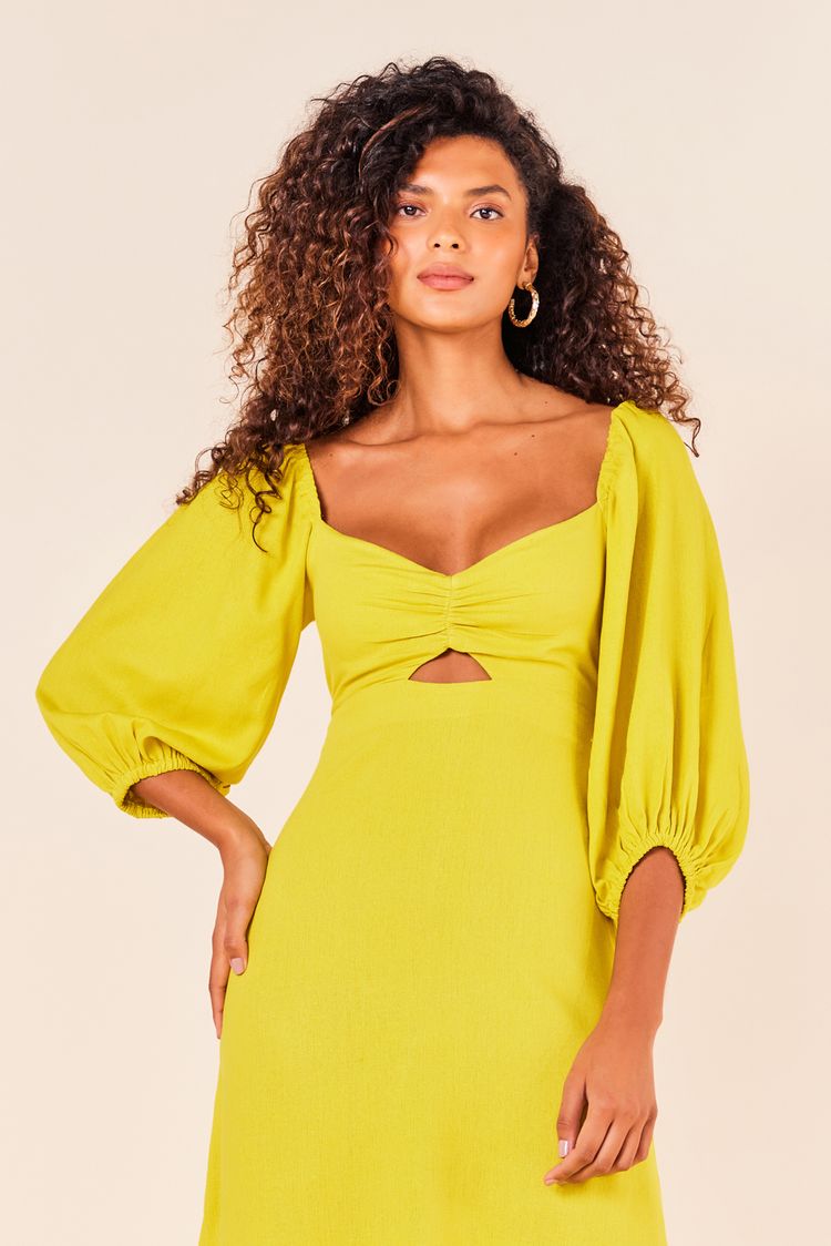 VESTIDO LINHO MIDI DECOTE CORACAO -GOLD G - GOLD - 246687