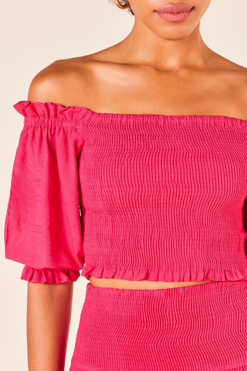 Blusa Ombro a Ombro com Manga Ampla e Lastex -MAGENTA