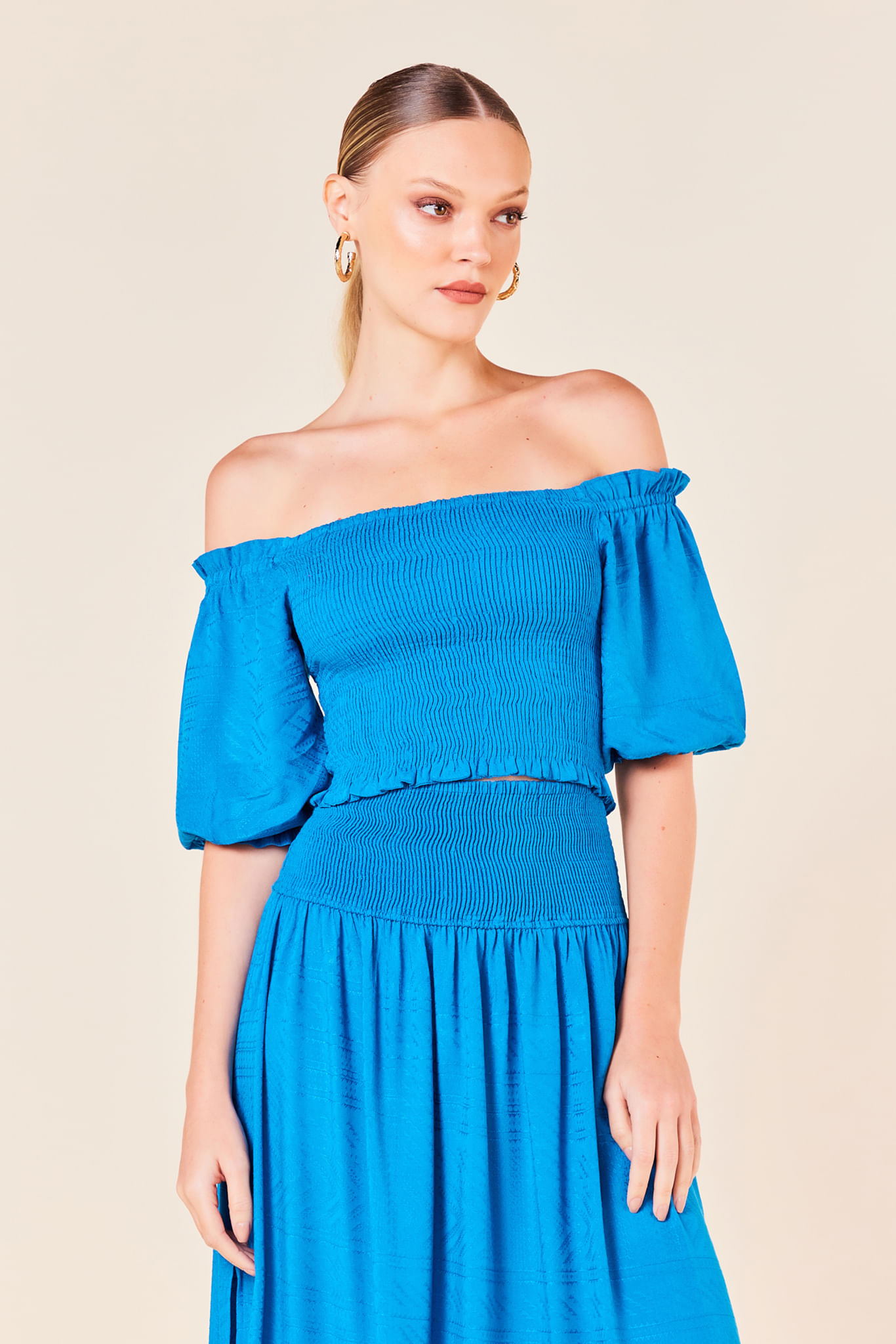 Blusa Ombro a Ombro com Manga Ampla e Lastex -COBALTO P - COBALTO - 246941
