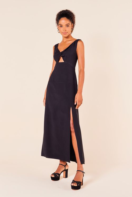 Vestido Midi Fenda e Decote V -PRETO