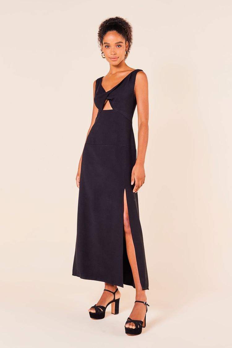 Vestido Midi Fenda e Decote V -PRETO M - PRETO - 247111