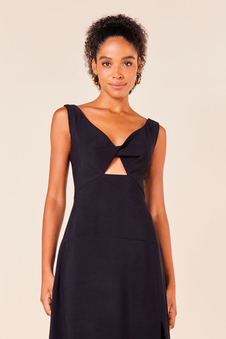 Vestido Midi Fenda e Decote V -PRETO M - PRETO - 247116
