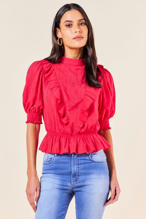 Blusa com Babado em V Manga com Lastex -MAGENTA