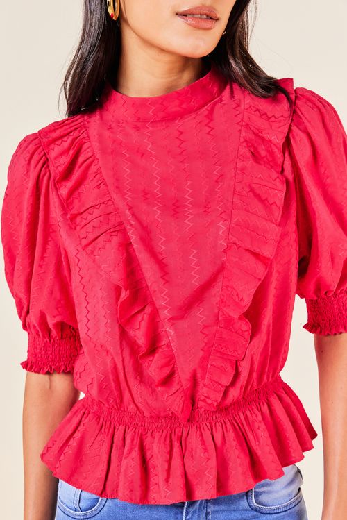 Blusa com Babado em V Manga com Lastex -MAGENTA