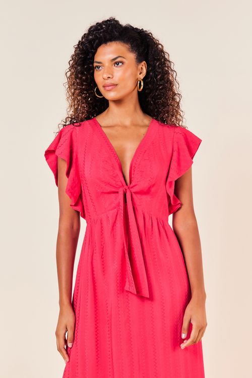 VESTIDO LONGO COM BABADO NA MANGA E DECOTE V -MAGENTA