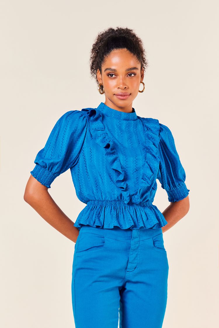 Blusa com Babado em V Manga com Lastex-COBALTO P - COBALTO - 251211