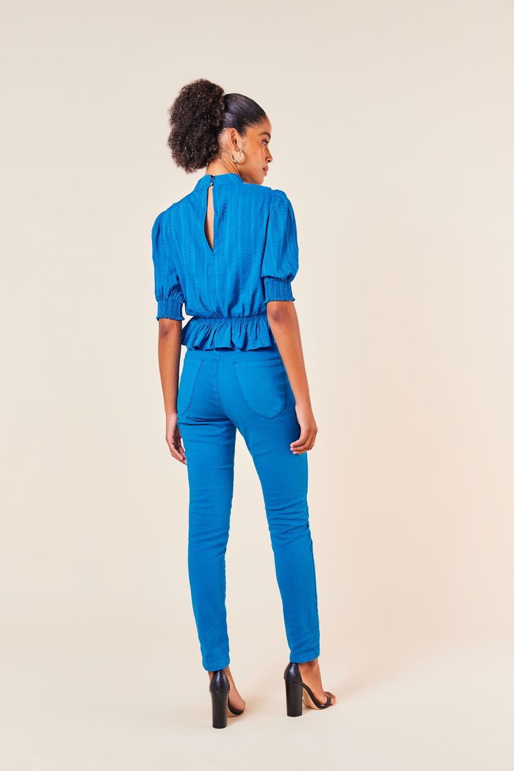 Blusa com Babado em V Manga com Lastex-COBALTO P - COBALTO - 251216
