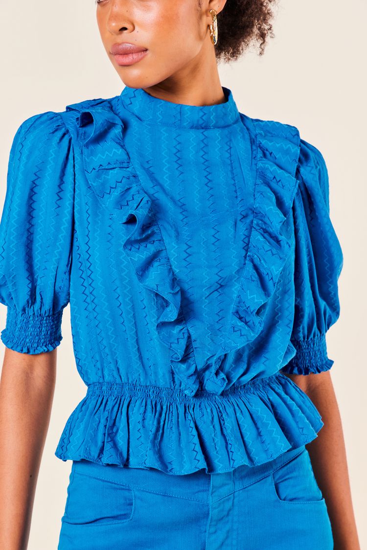 Blusa com Babado em V Manga com Lastex-COBALTO P - COBALTO - 251221