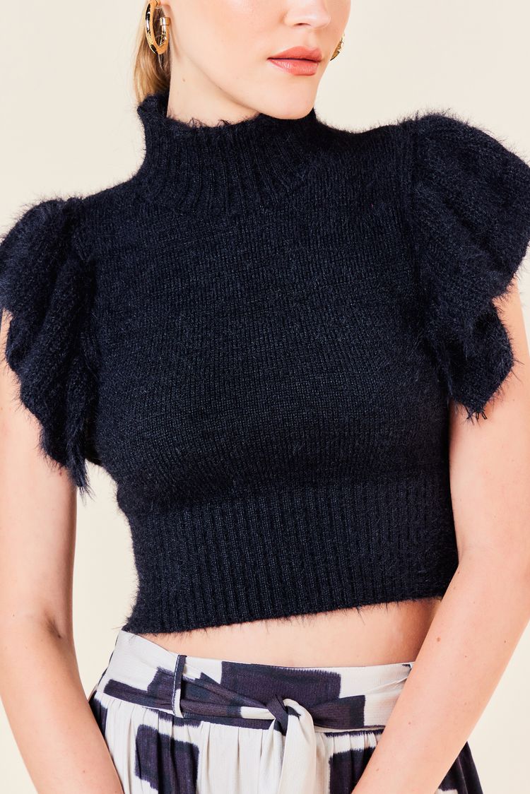 BLUSA TRICOT COM BABADO NA MANGA -PRETO M - PRETO - 252967