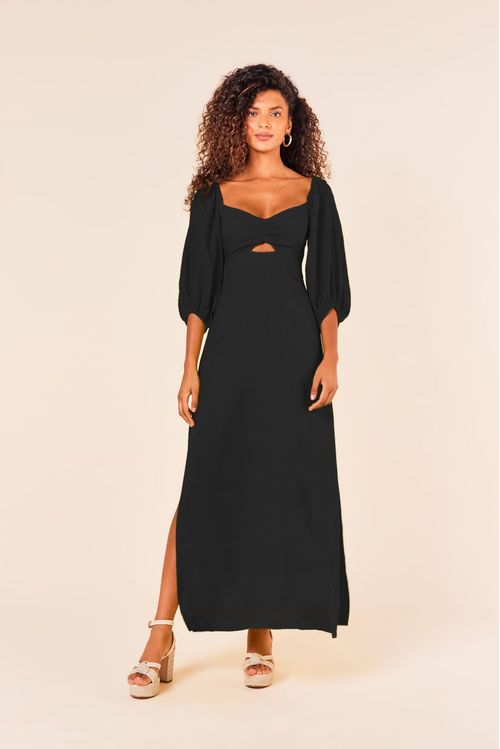 VESTIDO LINHO MIDI DECOTE CORACAO -PRETO