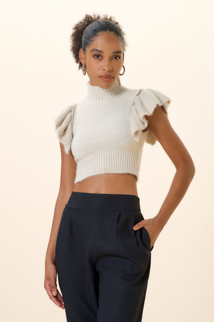 BLUSA TRICOT COM BABADO NA MANGA -PEROLA P - PEROLA - 254340