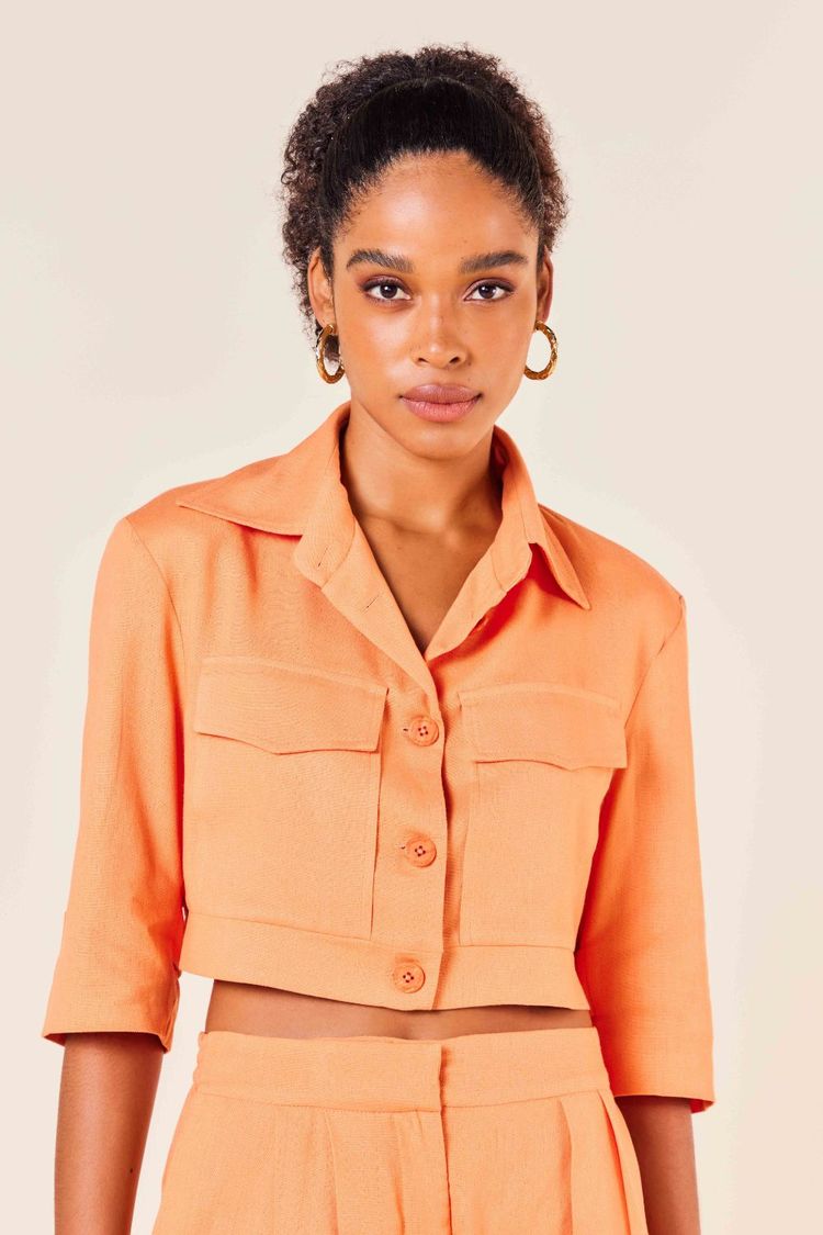 JAQUETA CROPPED LINHO MANGA 7/8 -TOPAZIO M - TOPAZIO - 254654