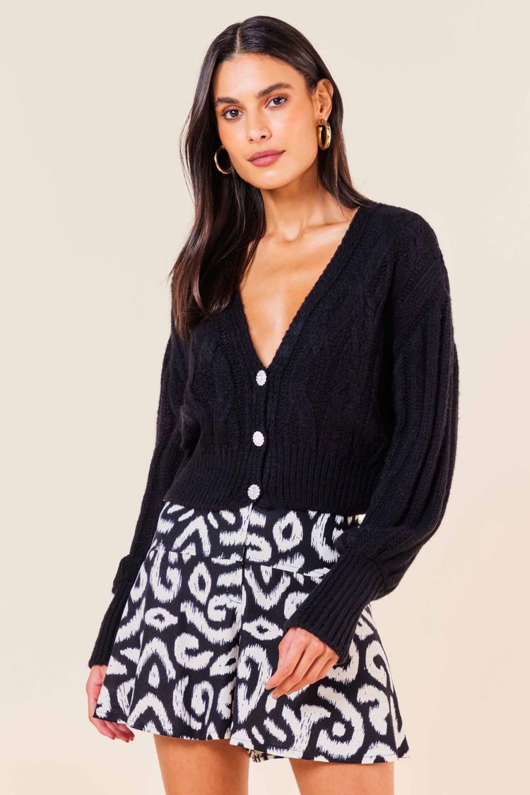 CASAQUINHO TRICOT BOTAO STRASS-PRETO M - PRETO - 254932