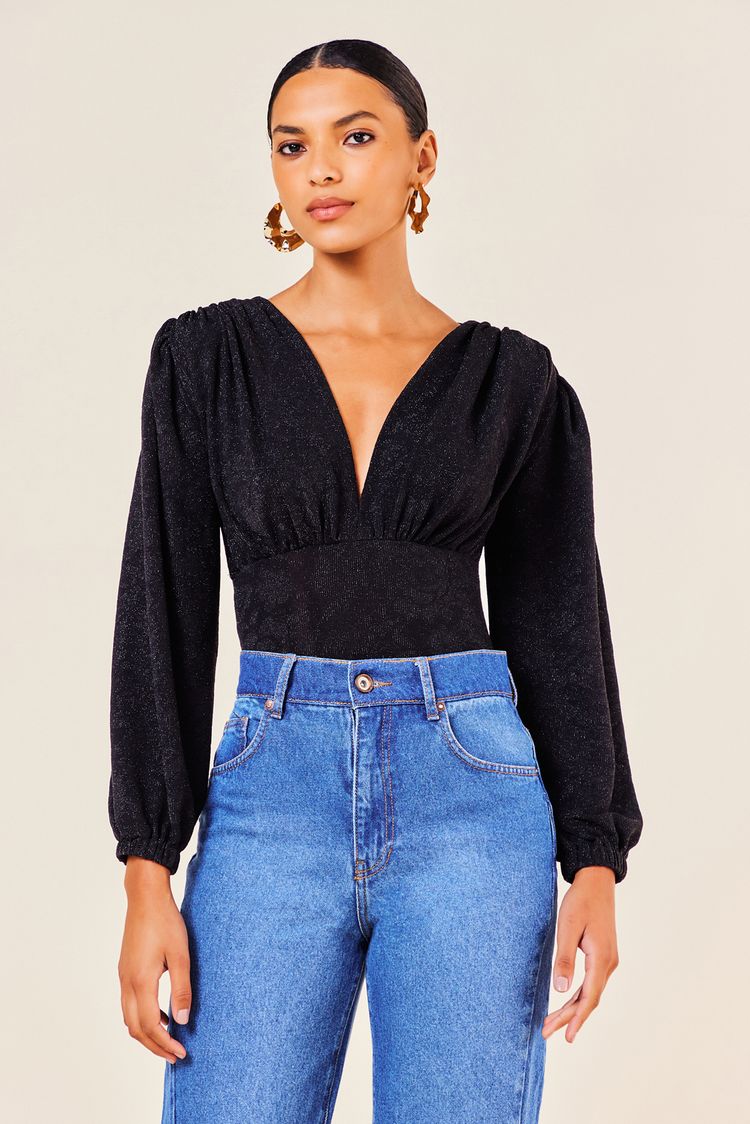 BODY FRANZIDO MANGA LONGA DECOTE V -PRETO PP - PRETO - 254996